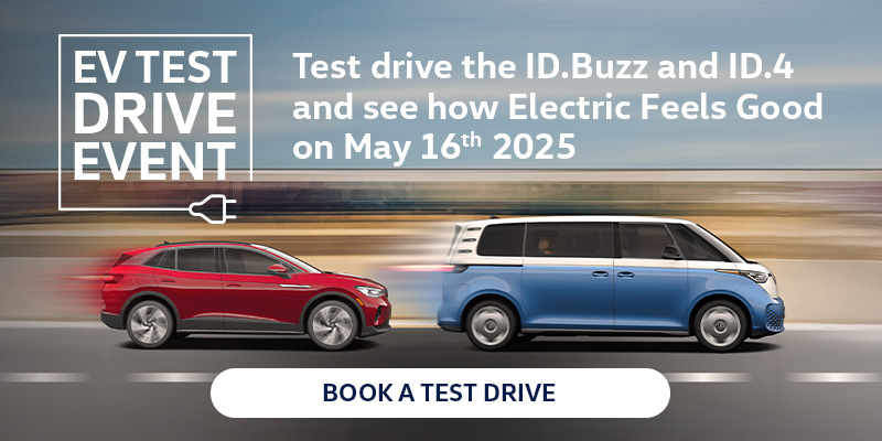 Side profile image of the Volkswagen ID.4 and ID.Buzz driving down a road. Text above the models reads as followed EV test drive event; Test drive the ID.Buzz and ID.4 and see how Electric Feels Good on May 16th, 2025. Book a Test Drive CTA at the foot of the image.